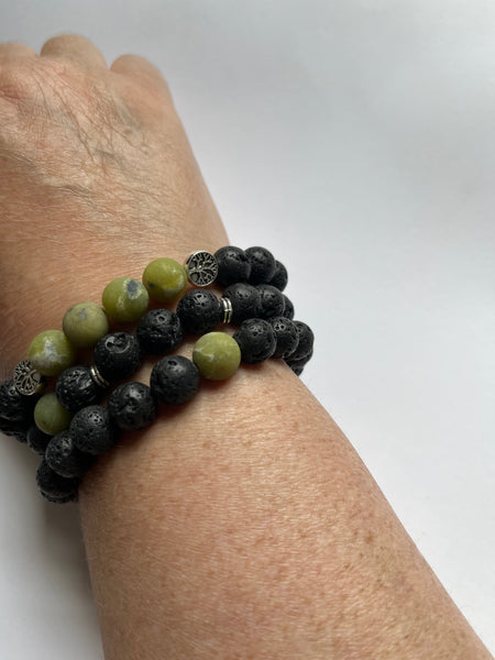 Jade and Black Lava Stone Elastic Beaded Bracelets