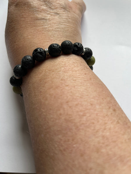 Jade and Black Lava Stone Elastic Beaded Bracelets