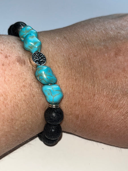 Turquoise Lava Stone and Tree of Life Beaded Bracelet