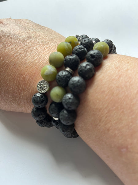 Jade and Black Lava Stone Elastic Beaded Bracelets