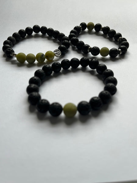 Jade and Black Lava Stone Elastic Beaded Bracelets