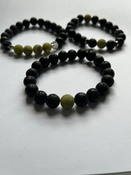 Jade and Black Lava Stone Elastic Beaded Bracelets