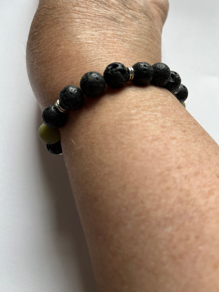 Jade and Black Lava Stone Elastic Beaded Bracelets