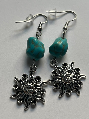 Turquoise and Silver Sun Boho Earrings