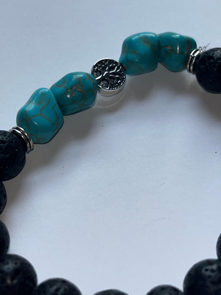 Turquoise Lava Stone and Tree of Life Beaded Bracelet