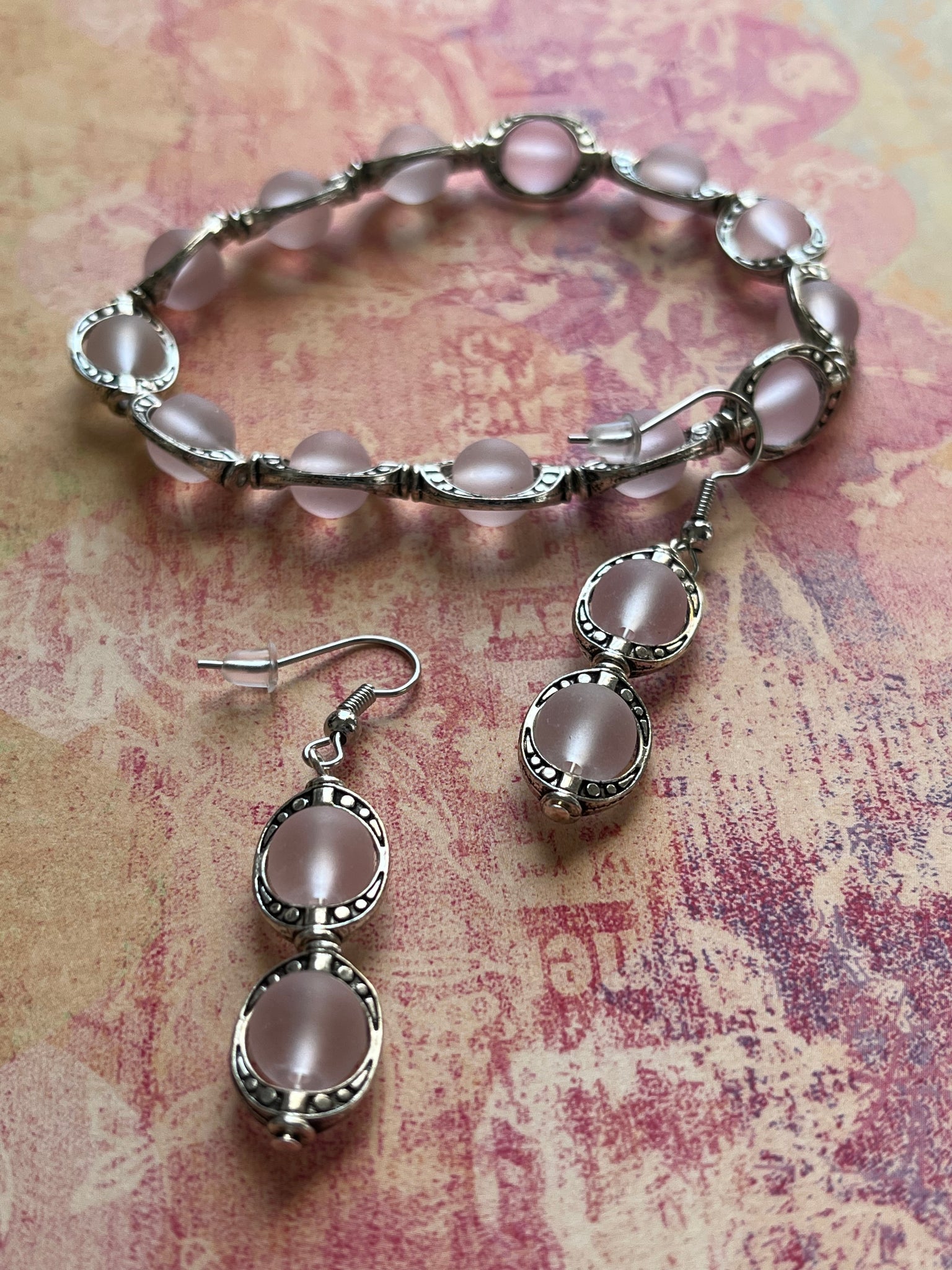 Pink Beaded Elastic Bracelet and Dangle Earrings Set